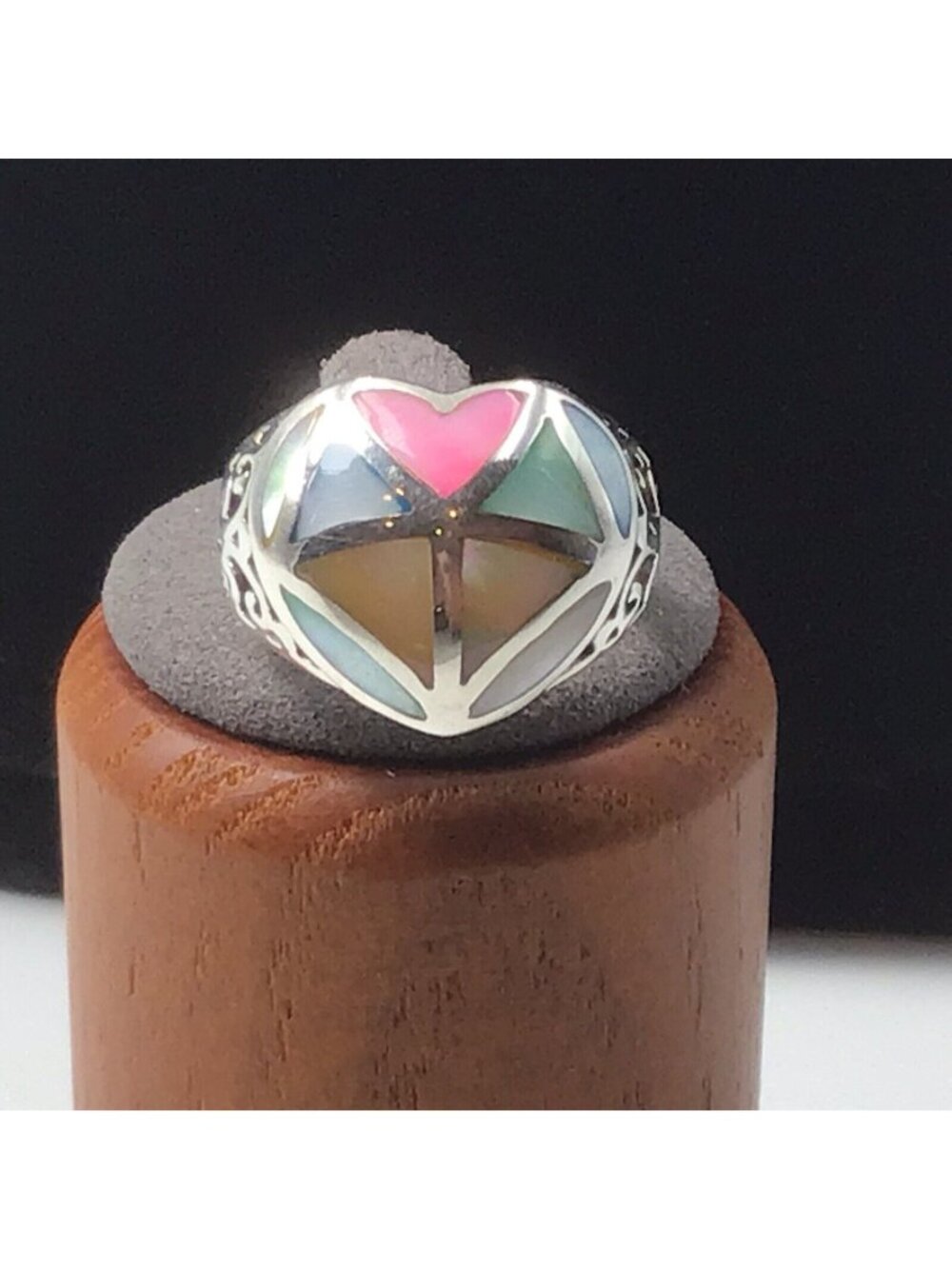 Sterling Silver Mother Of Pearl Multi Color Ring Heart Shape Size 7.5